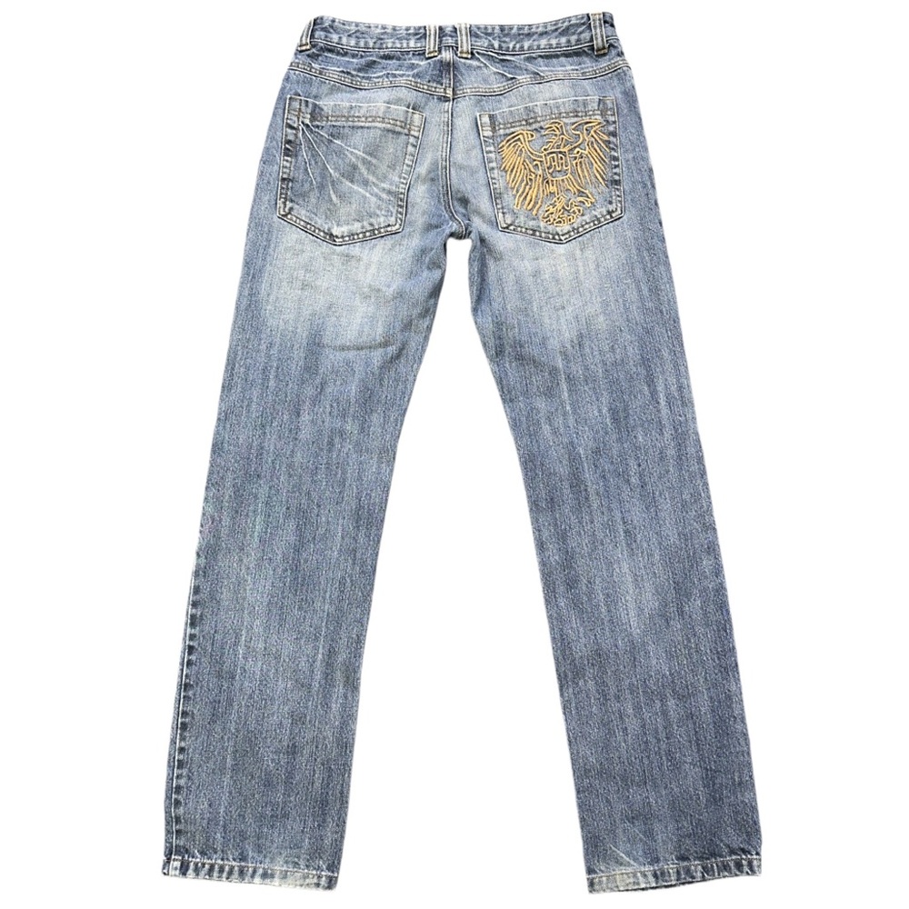 00s VINTAGE men's lowrise blue faded straight leg embroidered jeans, 32x32.